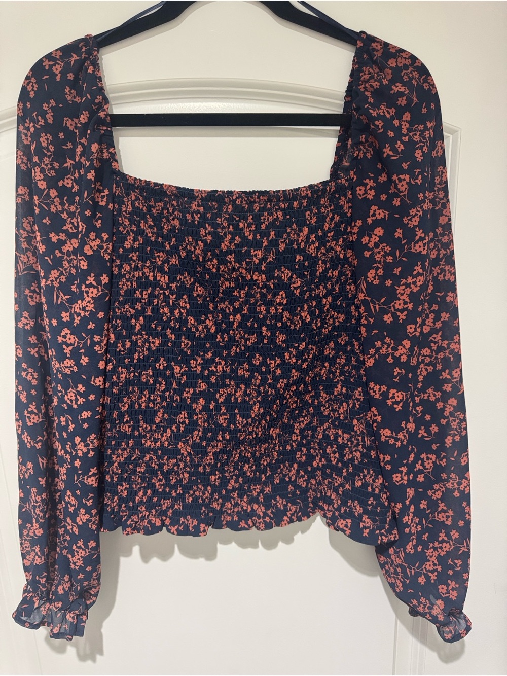 Lush Navy Smocked Square-Neck Top with Coral Floral Print